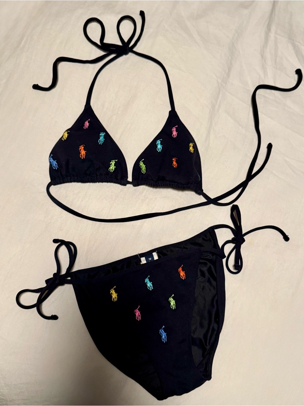 Vintage Ralph Lauren Black Bikini Set with Multicolor Pony Embroidery